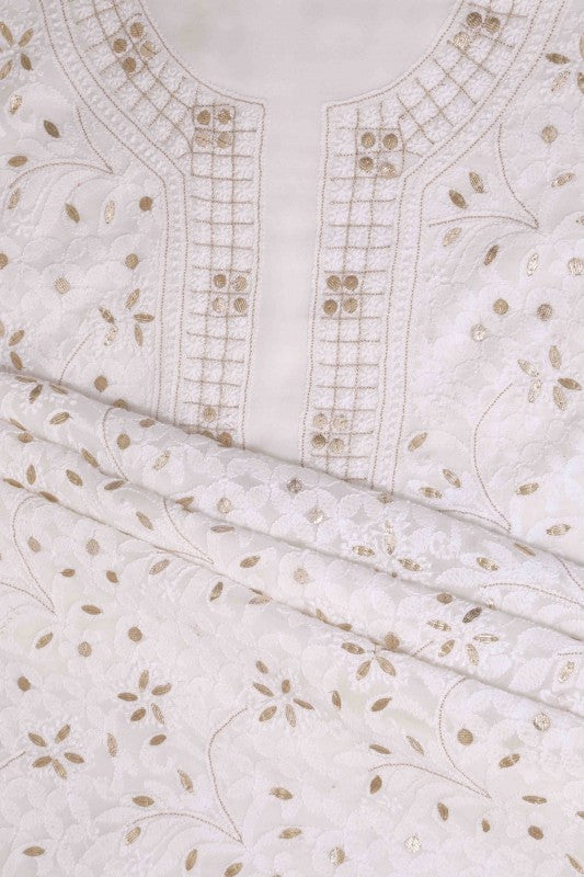 Ada Hand Embroidered White Georgette Chikan Unstitched Kurta Piece- A619732