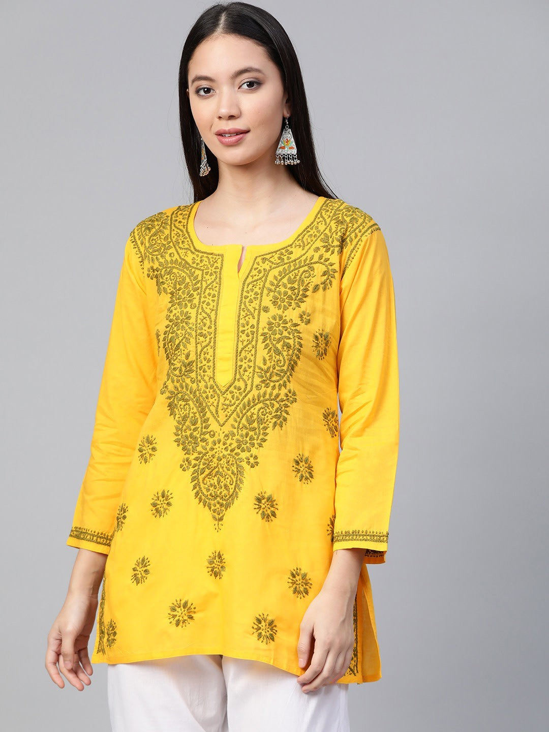 Ada Hand Embroidered Yellow Pure Cambric Cotton Lucknowi Chikan Kurti A250458