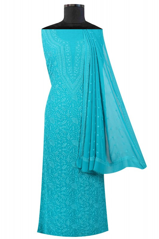 Ada Hand Embroidered Blue Pure Georgette Lucknowi Chikan Unstitched Kurta Dupatta Set A595017