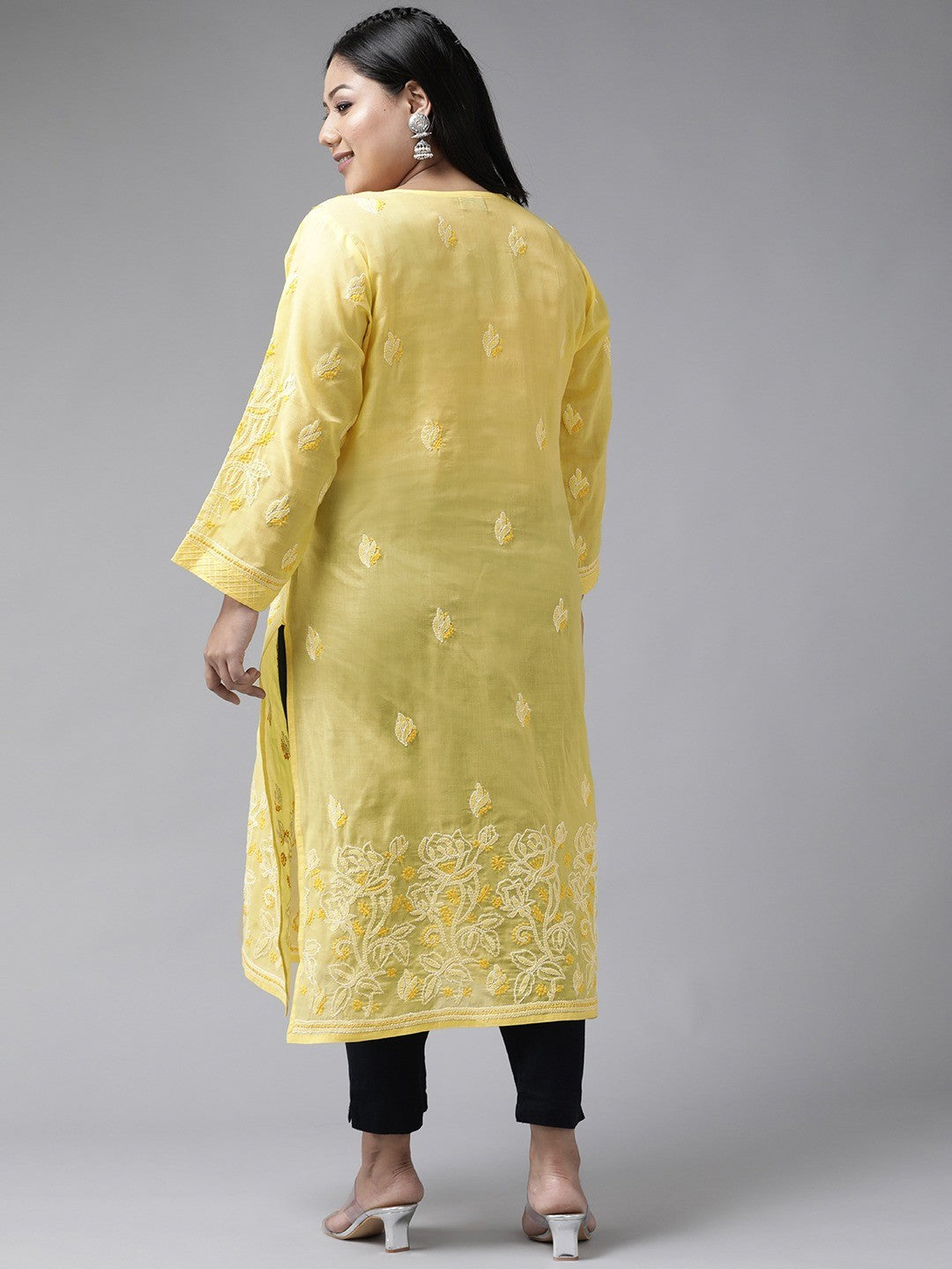 Ada Hand Embroidered Yellow Cotton Lucknowi Chikankari Straight Kurta A229829