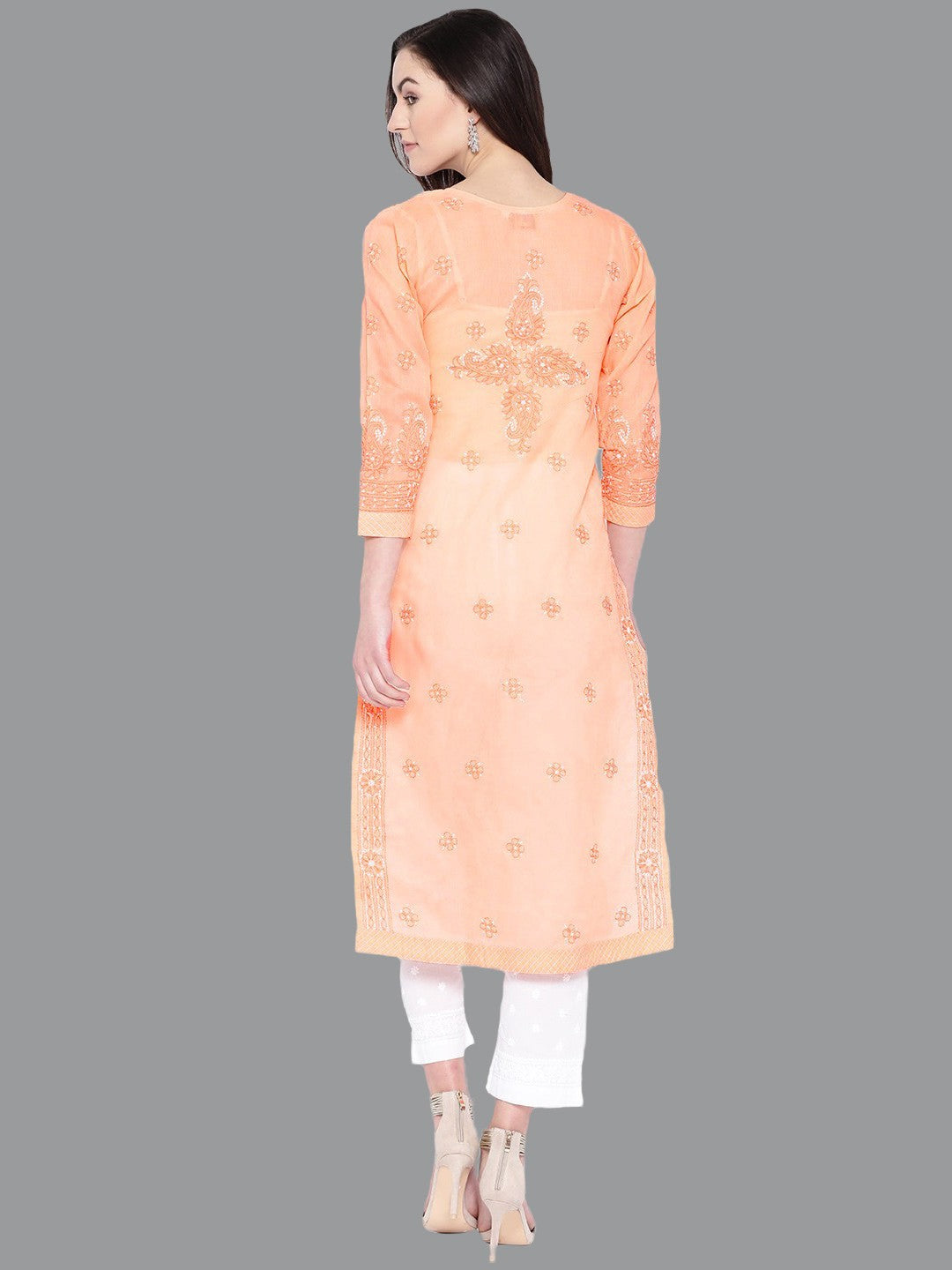 Ada Hand Embroidered Peach Cotton Lucknow Chikankari Kurta with Palazzo Set A100225