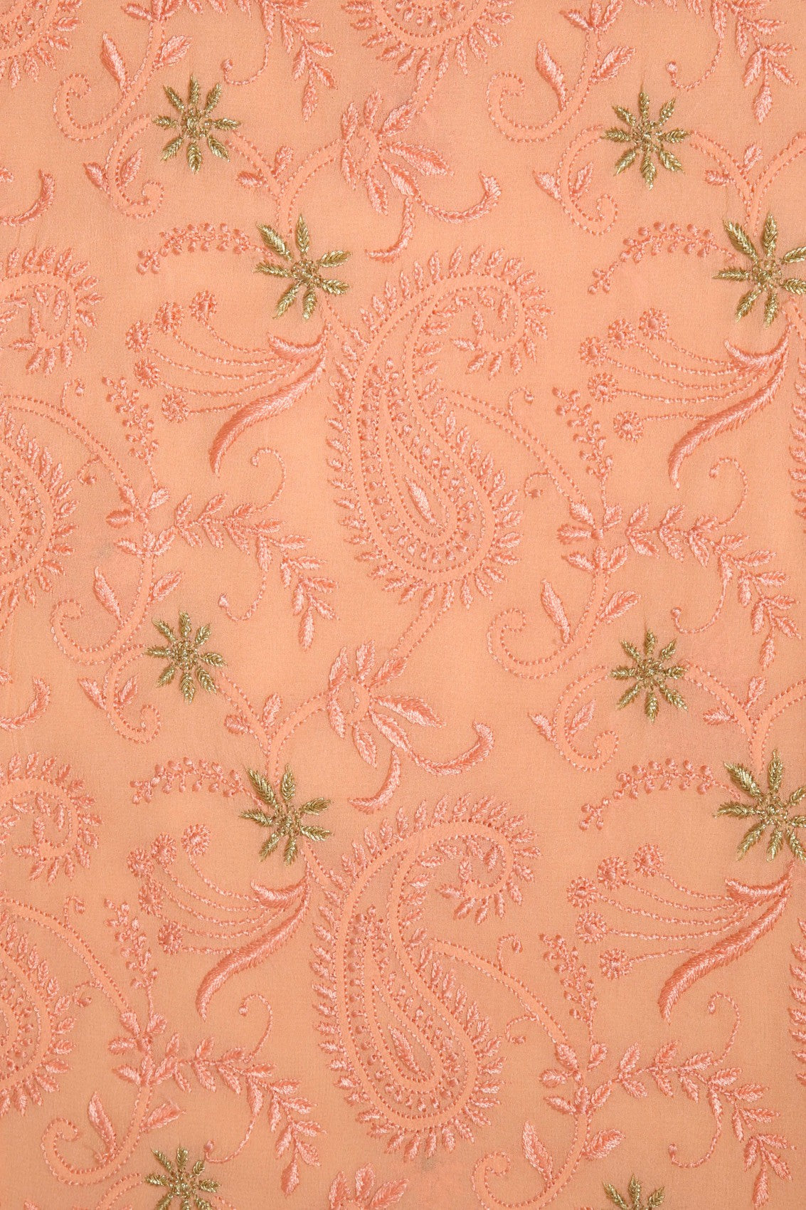 Ada Hand Embroidered Peach Pure Georgette Lucknowi Chikankari Unstitched Kurta Dupatta Set With Zari Work A374517