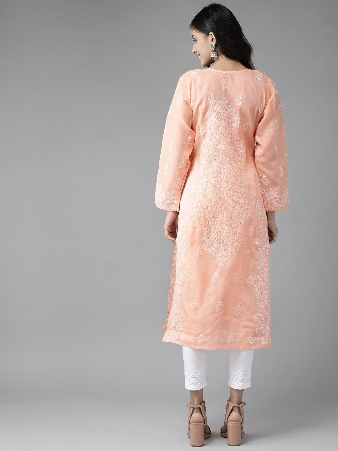 Ada Hand Embroidered Peach Cotton Lucknowi Chikankari Kurta Set A811185