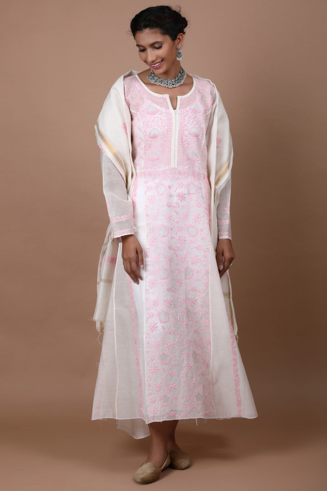 Ada Hand Embroidered Cream Chanderi Lucknowi Chikankari Semi-Stitched Anarkali Kurta Dupatta Set With Zari Work 01A268032