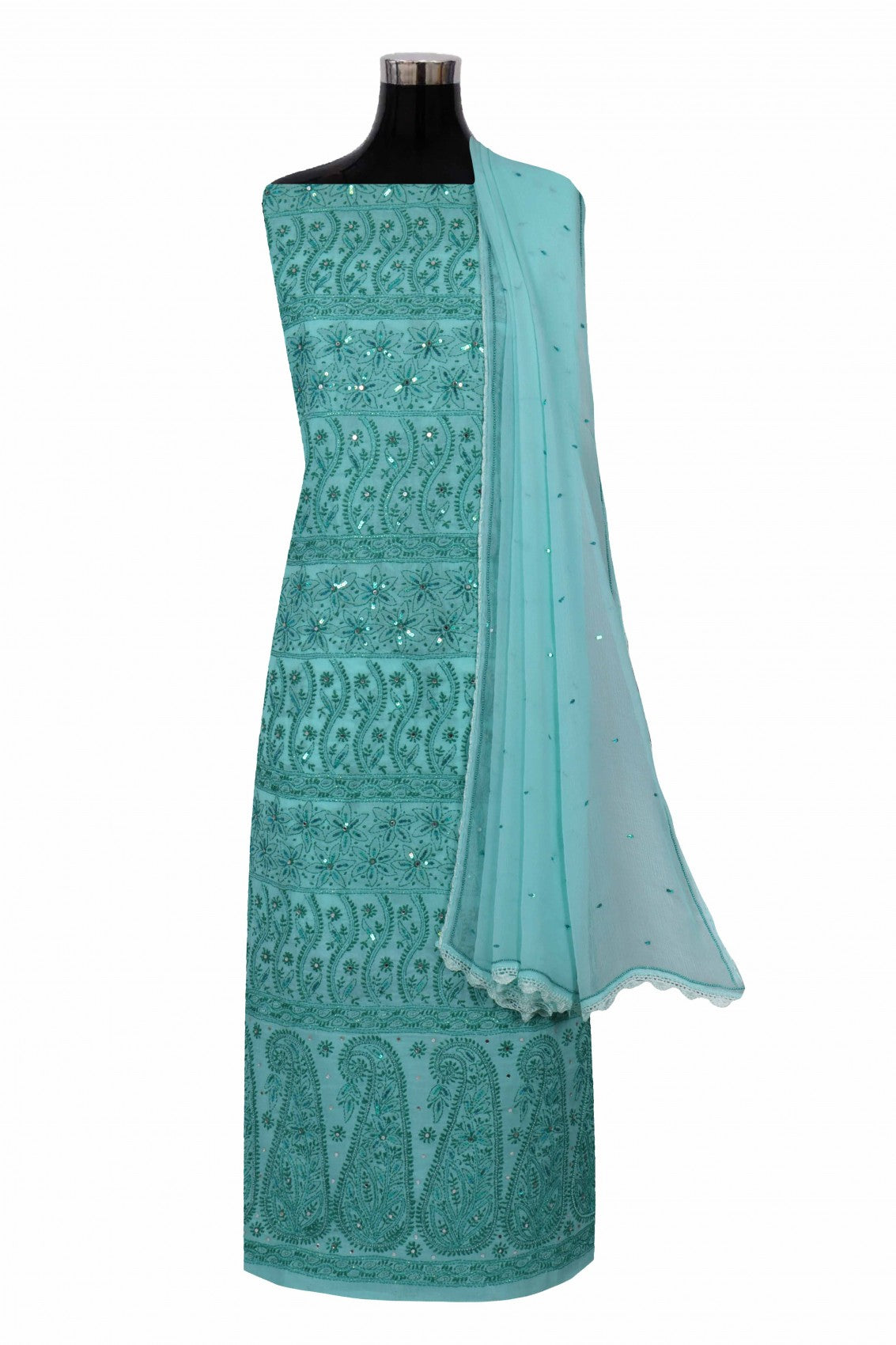 Ada Hand Embroidered Sea Green Cotton Lucknowi Chikan Unstitched Suit Piece With Pearl Work A51520