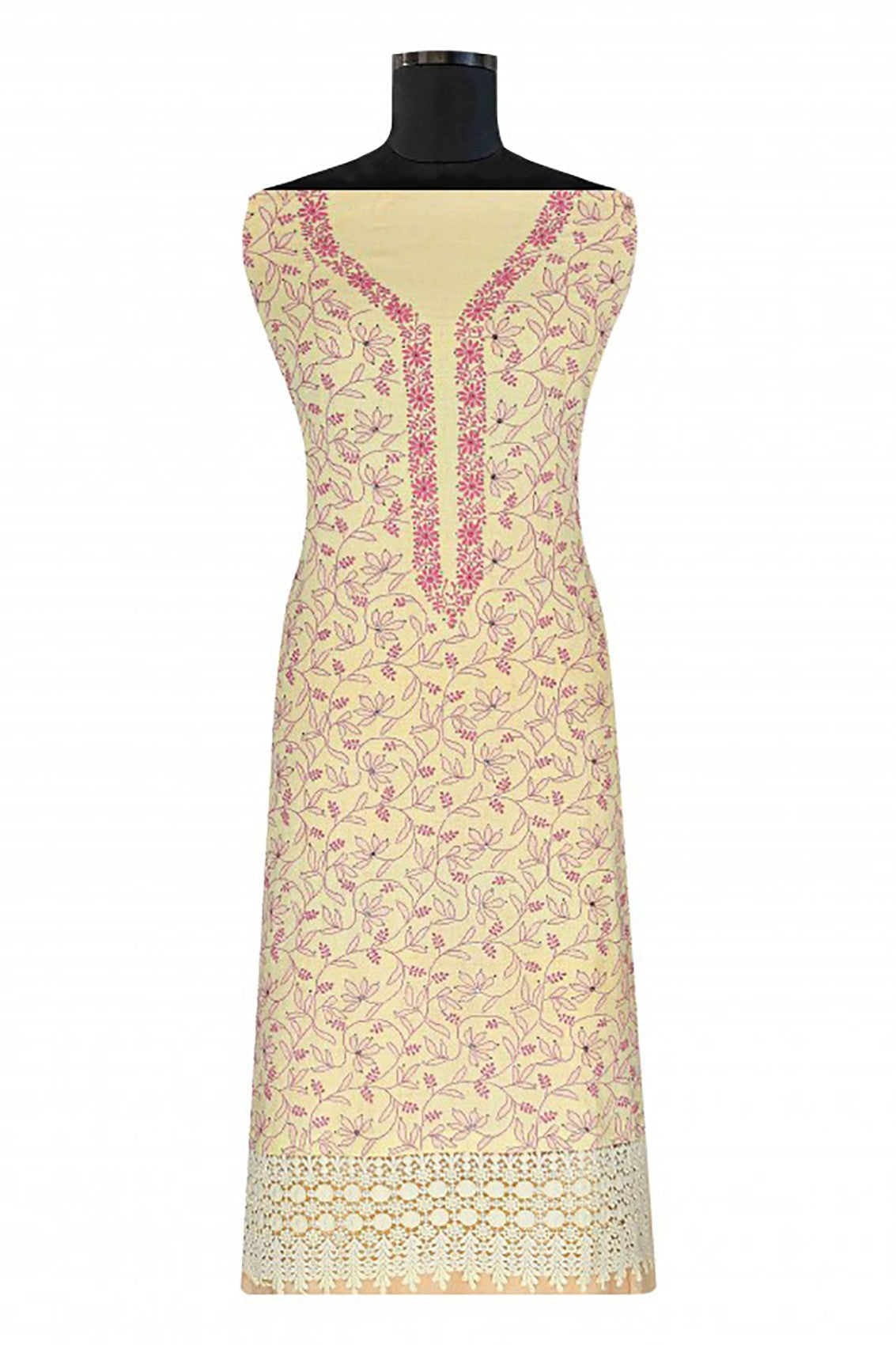 Ada Hand Embroidered Lemon Linen Lucknowi Chikankari Unstitched Kurta Dupatta With Muqaish Work A206684
