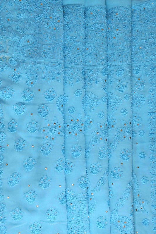 Ada Hand Embroidered Blue Georgette Lucknowi Chikankari Saree/Blouse With Muqaish Work A619744