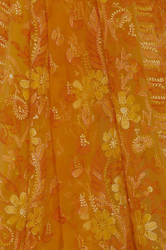 Ada Hand Embroidered Tangerine Orange Georgette Lucknowi Chikankari Saree with Blouse A610288