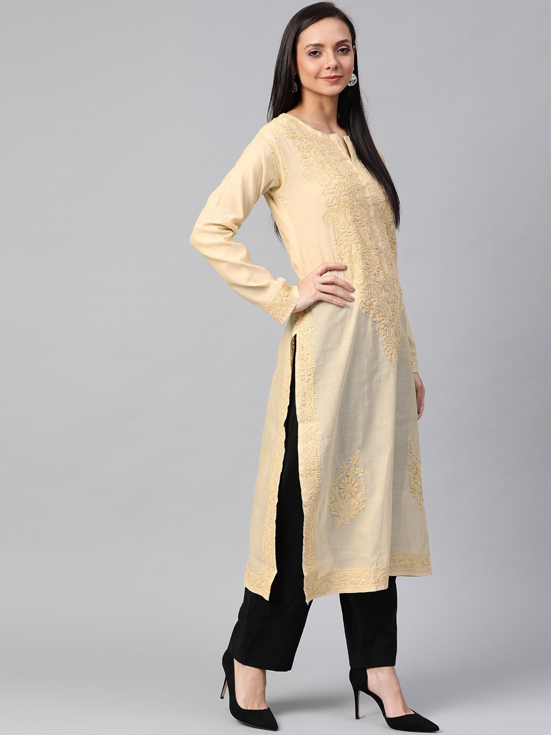 Ada Hand Embroidered Fawn Chanderi Lucknowi Chikankari Straight Kurta A100482
