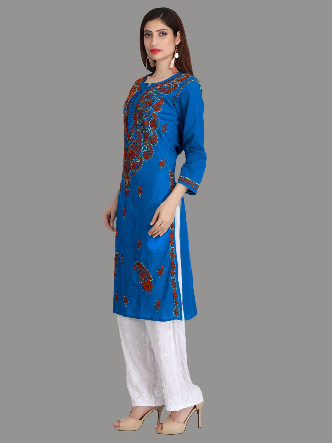 Ada Hand Embroidered Blue Cotton Lucknowi Chikankari Straight Kurta A223810