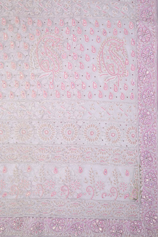 Ada Hand Embroidered White Net Lucknowi Chikankari Saree/Blouse With Pearl Work A1156