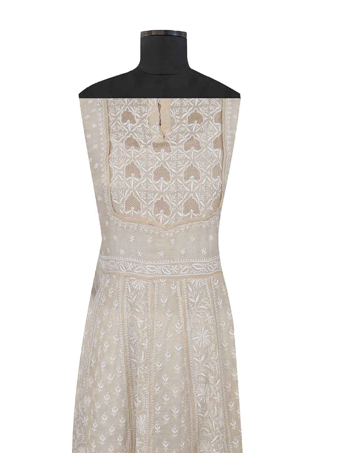 Ada Hand Embroidered Natural Fawn Tissue Lucknowi Chikankari Semi-Stitched Anarkali Kurta Dupatta Set With Zari Work 01A205793