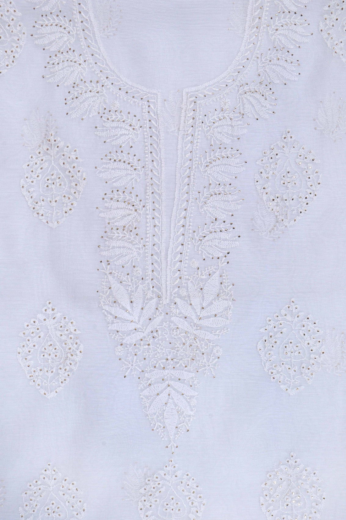 Ada Hand Embroidered White Kota Lucknowi Chikankari Unstitched Suit Piece With Muqaish Work 01A67182