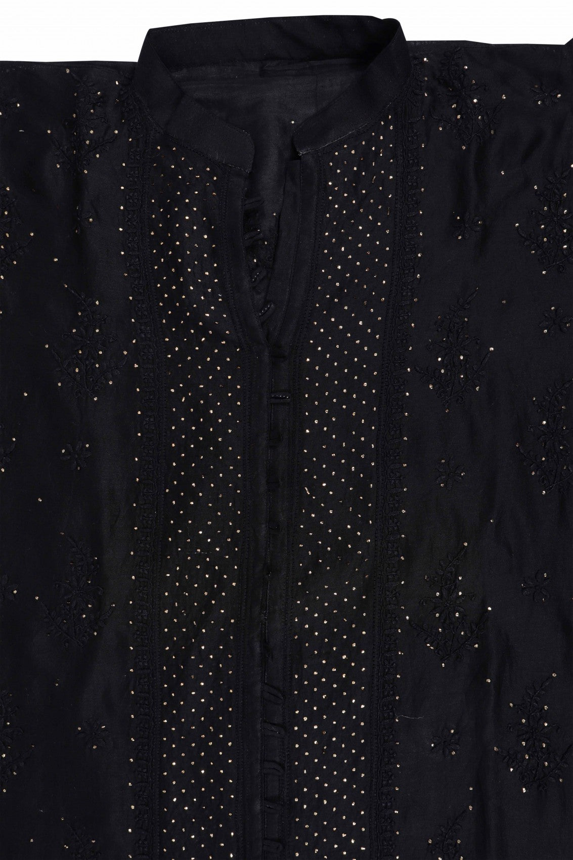 Ada Hand Embroidered Black Chanderi Lucknowi Chikankari Semi-Stitched Anarkali Kurta Piece With Muqaish Work A595347