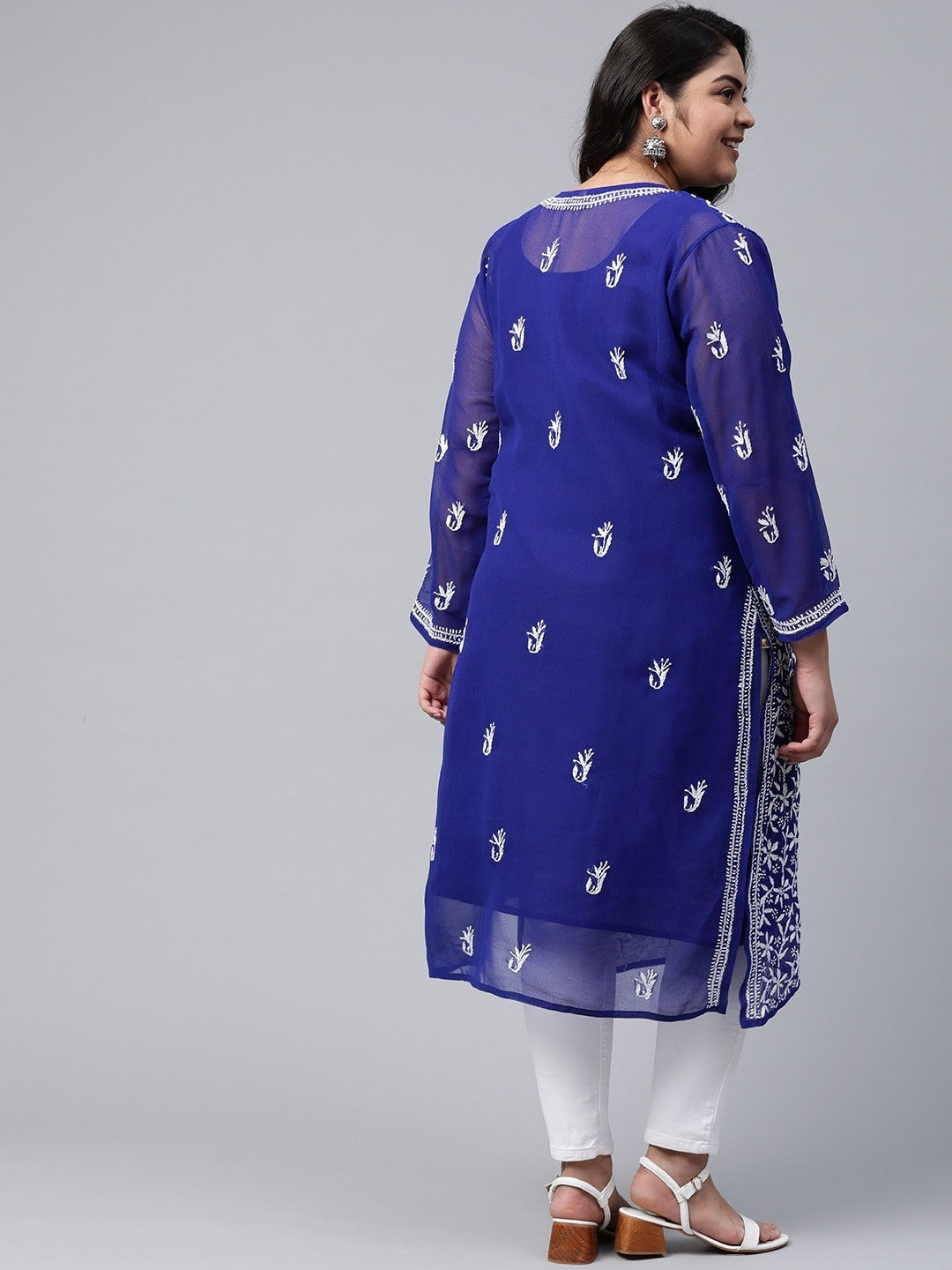 Ada Hand Embroidered Royal Blue Georgette Lucknowi Chikankari Straight Kurta with Slip A100347