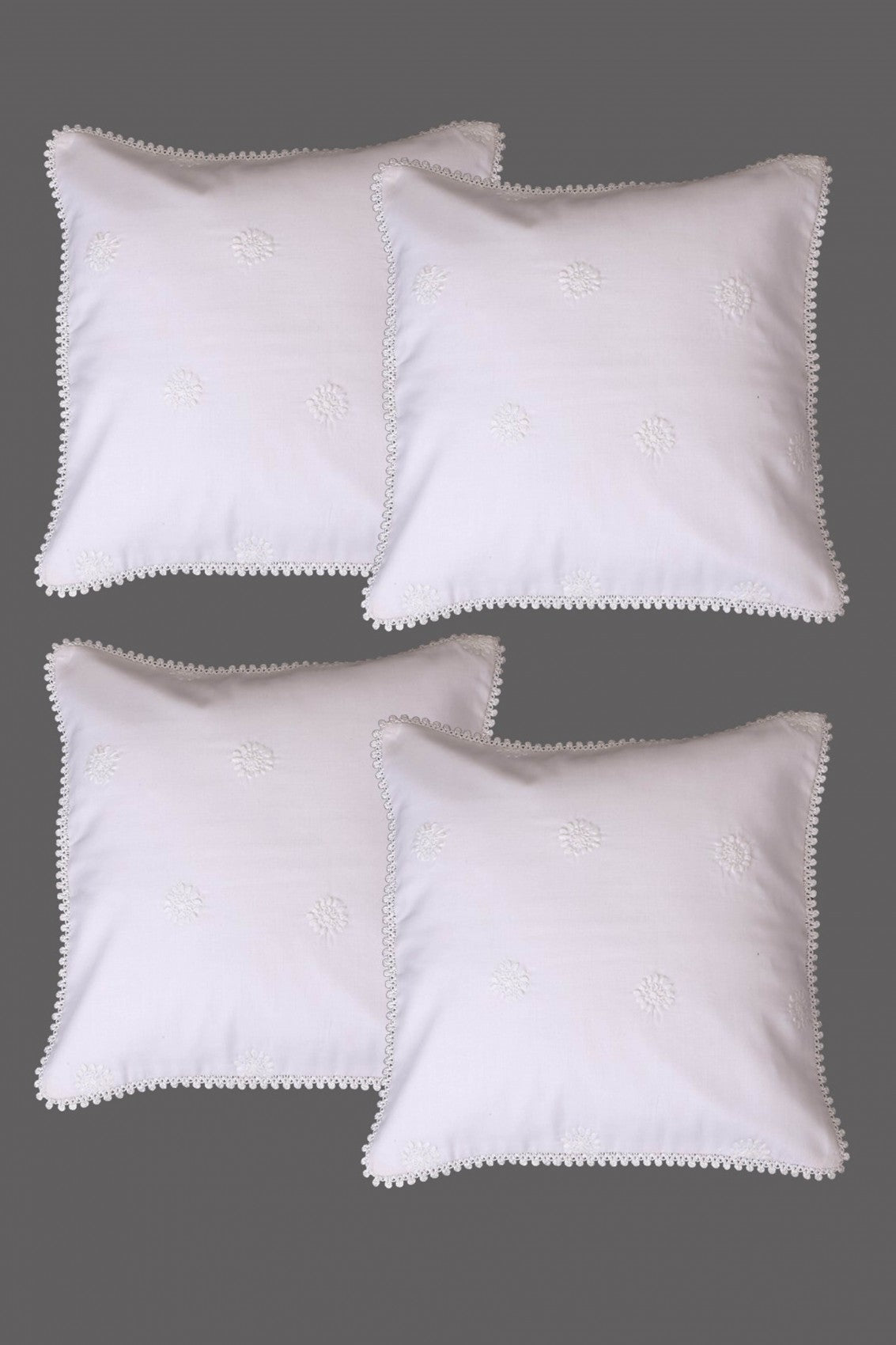 Ada Hand Embroidered White Cotton Lucknow Chikankari Cushion Cover Set Of 4- A464106