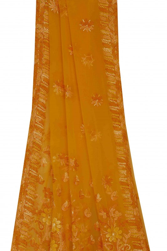 Ada Hand Embroidered Tangerine Orange Georgette Lucknowi Chikankari Saree with Blouse A610288