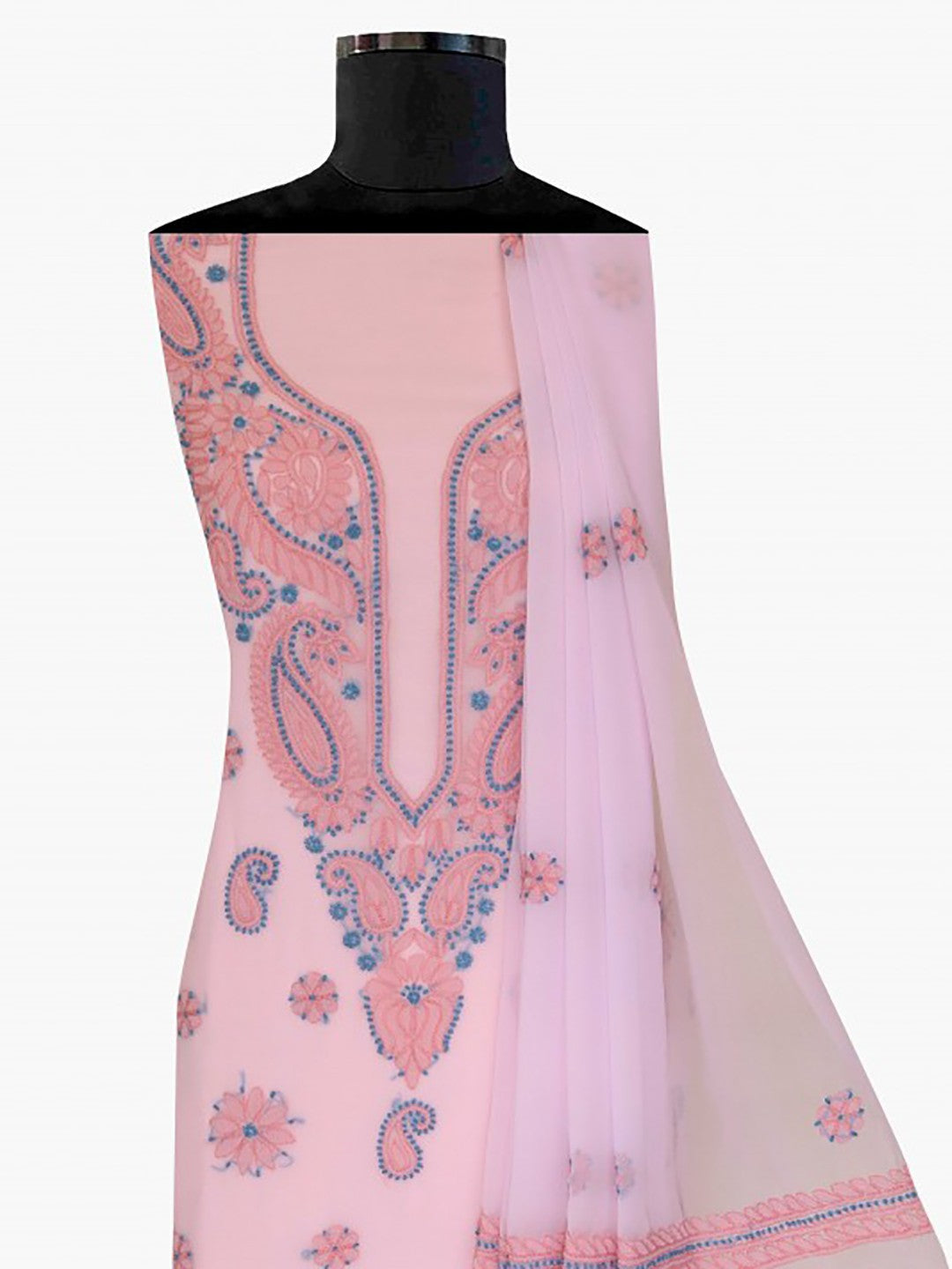Ada Hand Embroidered Baby Pink Georgette Lucknowi Chikan Unstitched Suit Piece A211188