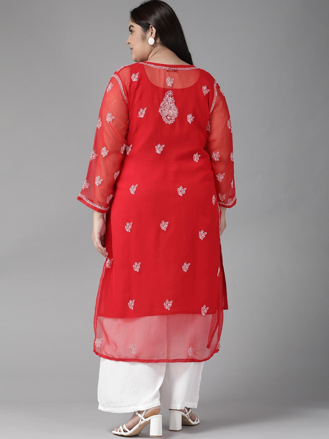 Ada Hand Embroidered Red Georgette Lucknowi Chikankari Straight Kurta With Slip A411289