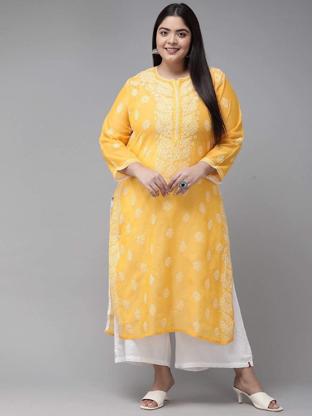 Ada Hand Embroidered Yellow Chanderi Lucknow Chikankari Straight Kurta A411175