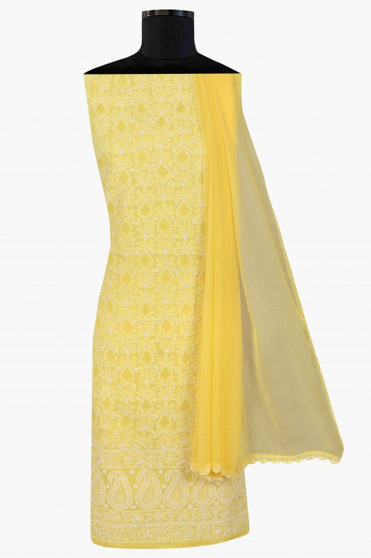 Ada Hand Embroidered Bright Yellow Cotton Lucknowi Chikankari Unstitched Suit Piece 01A39174