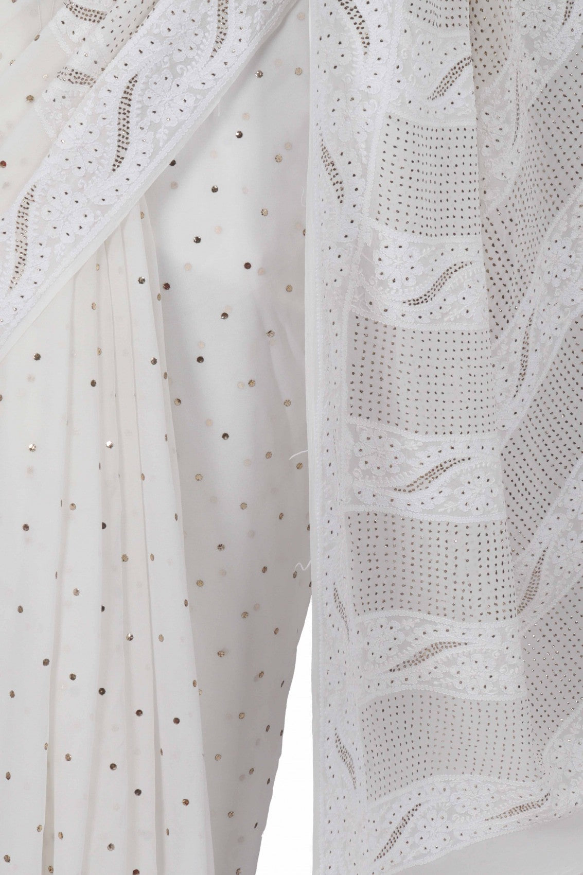Ada Hand Embroidered Off White Viscose Georgette Lucknowi Chikankari Saree/Blouse With Muqaish Work A583626