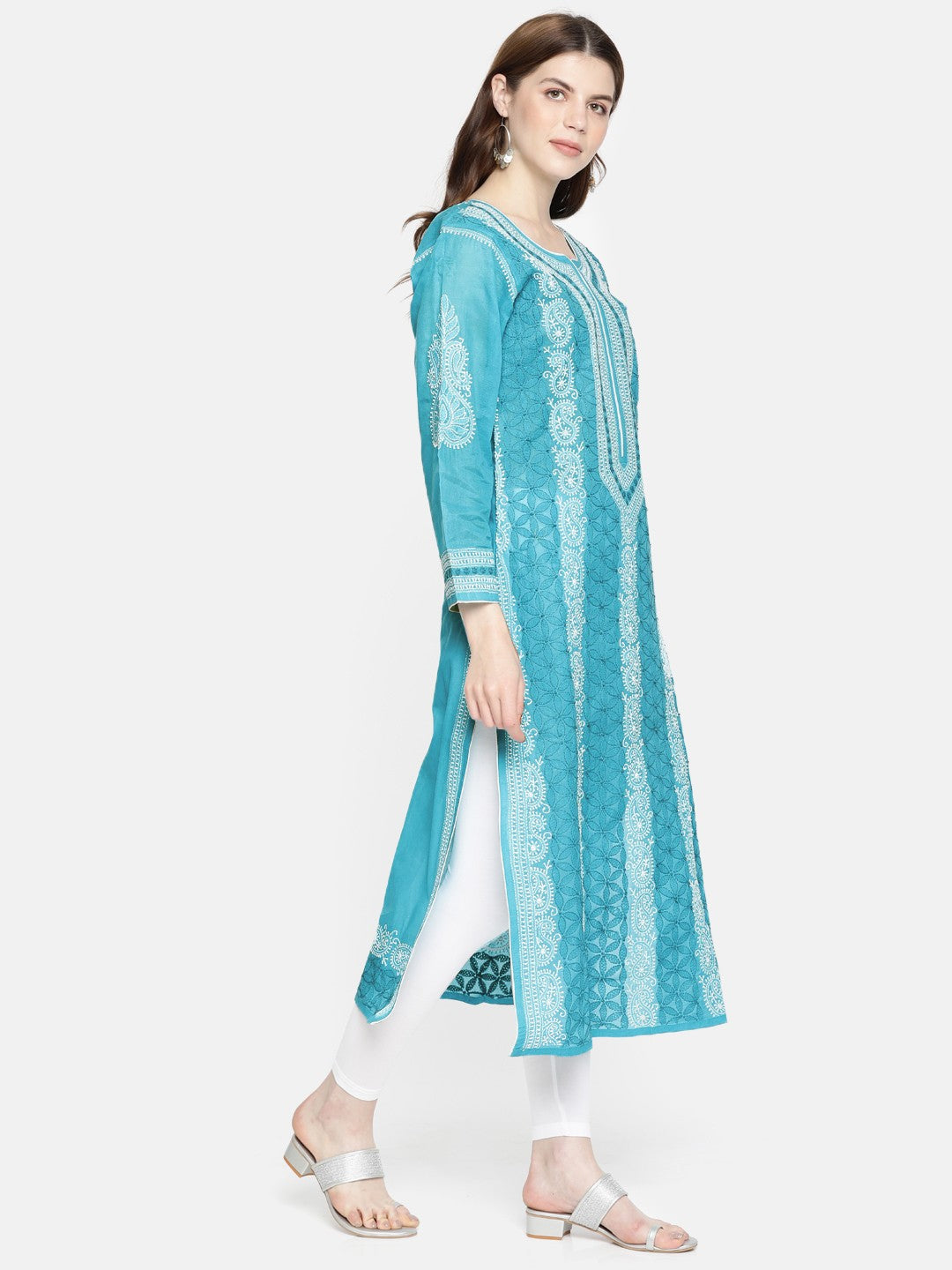 Ada Hand Embroidered Blue Cotton Lucknowi Chikankari Straight Kurta A230766