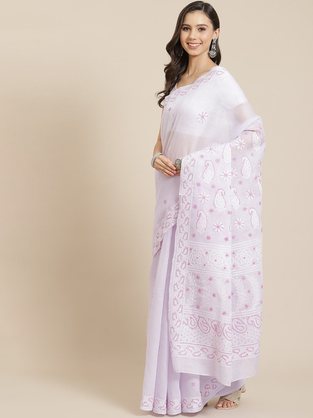 Ada Hand Embroidered Mauve Cotton Lucknow Chikan Saree With Blouse A311335