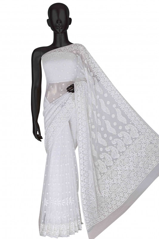 Ada Hand Embroidered White Georgette Lucknowi Chikankari Saree With Blouse A588638