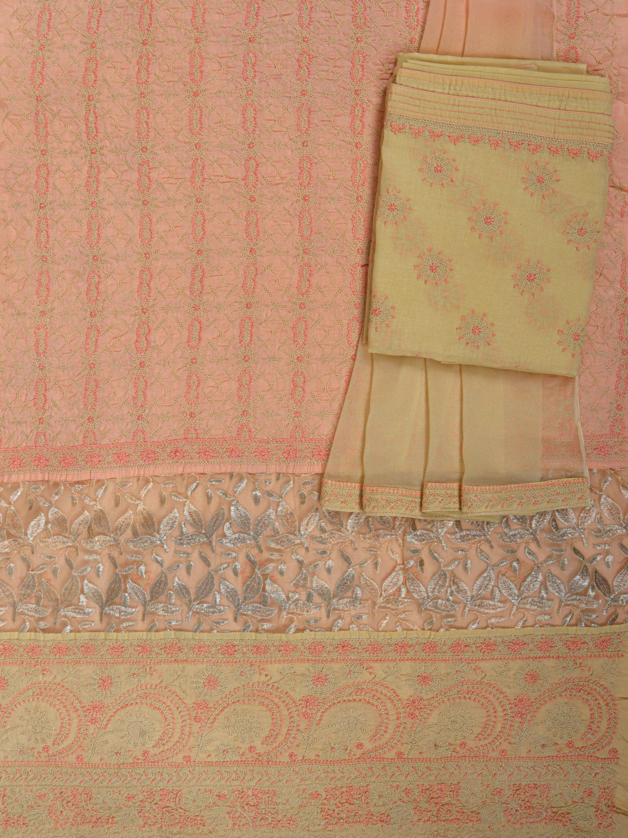 Ada Hand Embroidered Peach Cotton Lucknowi Chikankari Unstitched Suit Piece With Zari Work A466977