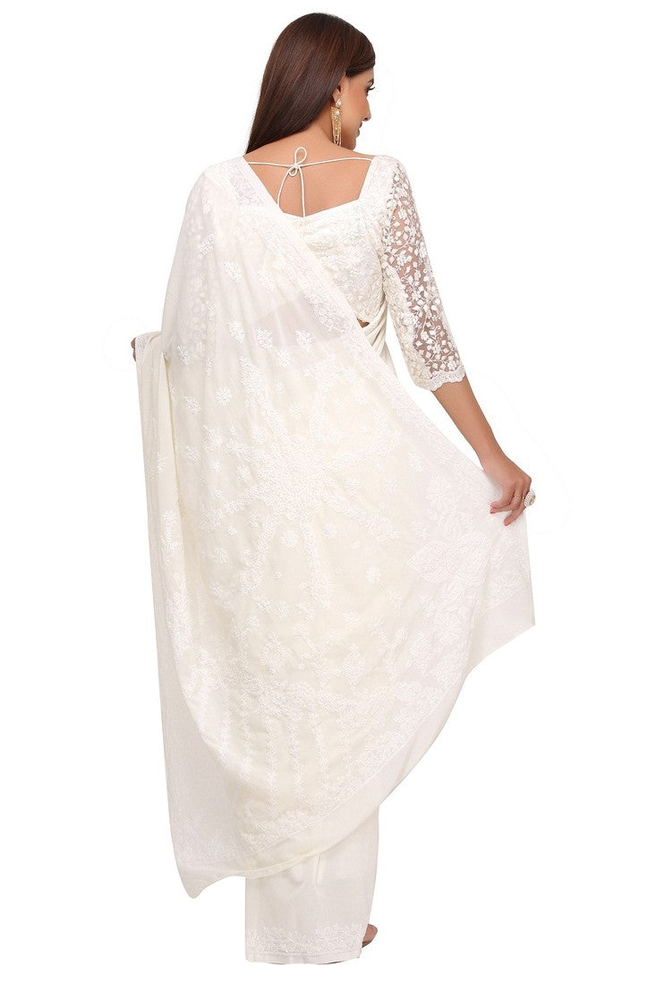 Ada Hand Embroidered Cream Georgette Lucknow Chikan Saree with Blouse A204290