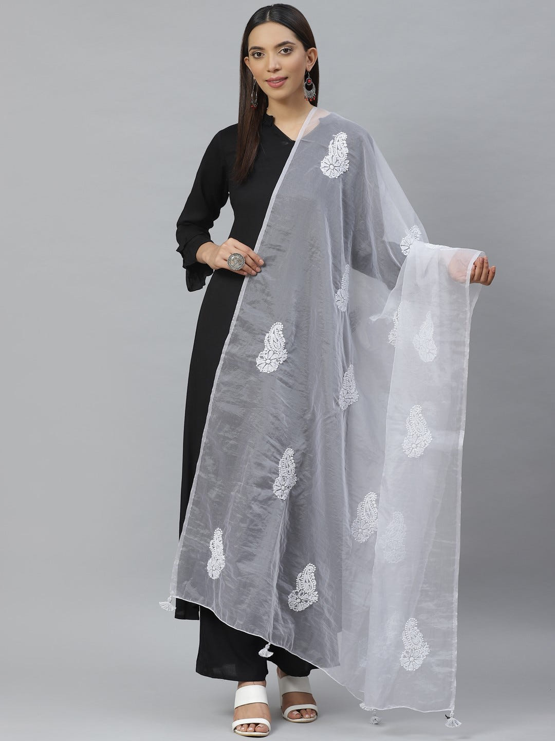 Ada Hand Embroidered Horizon Grey Organza Lucknowi Chikankari Dupatta A511134