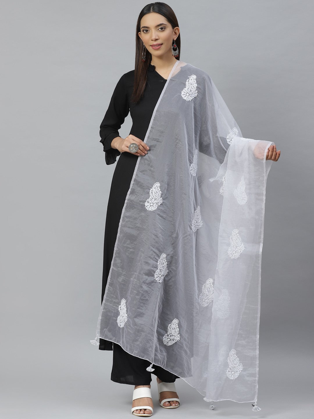 Ada Hand Embroidered Horizon Grey Organza Lucknowi Chikankari Dupatta A511134