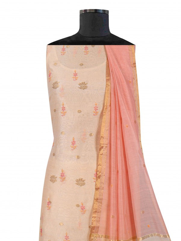 Ada Hand Embroidered Peach Chanderi Lucknowi Chikankari Unstitched Kurta Dupatta Set A622156