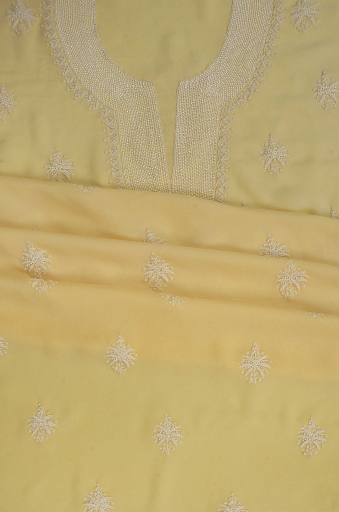 Ada Hand Embroidered Light Yellow Georgette Lucknowi Chikankari Unstitched Kurta Dupatta Set With Pearl Work A454750