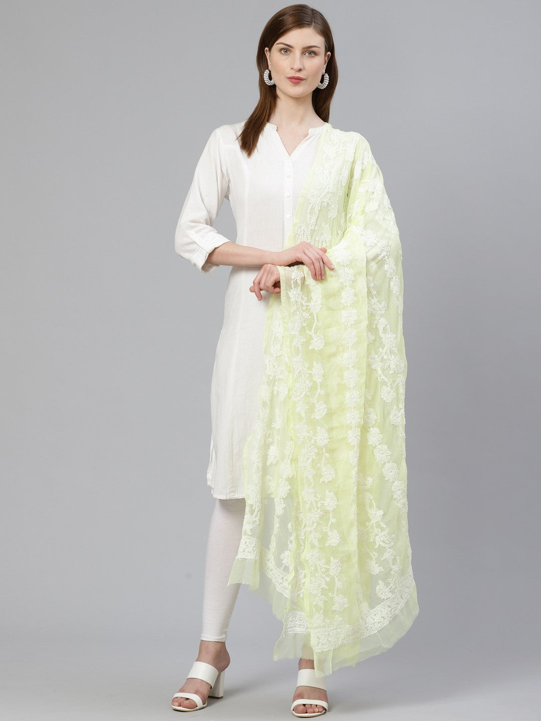 Ada Hand Embroidered Lemon Georgette Lucknowi Chikankari Dupatta A100449