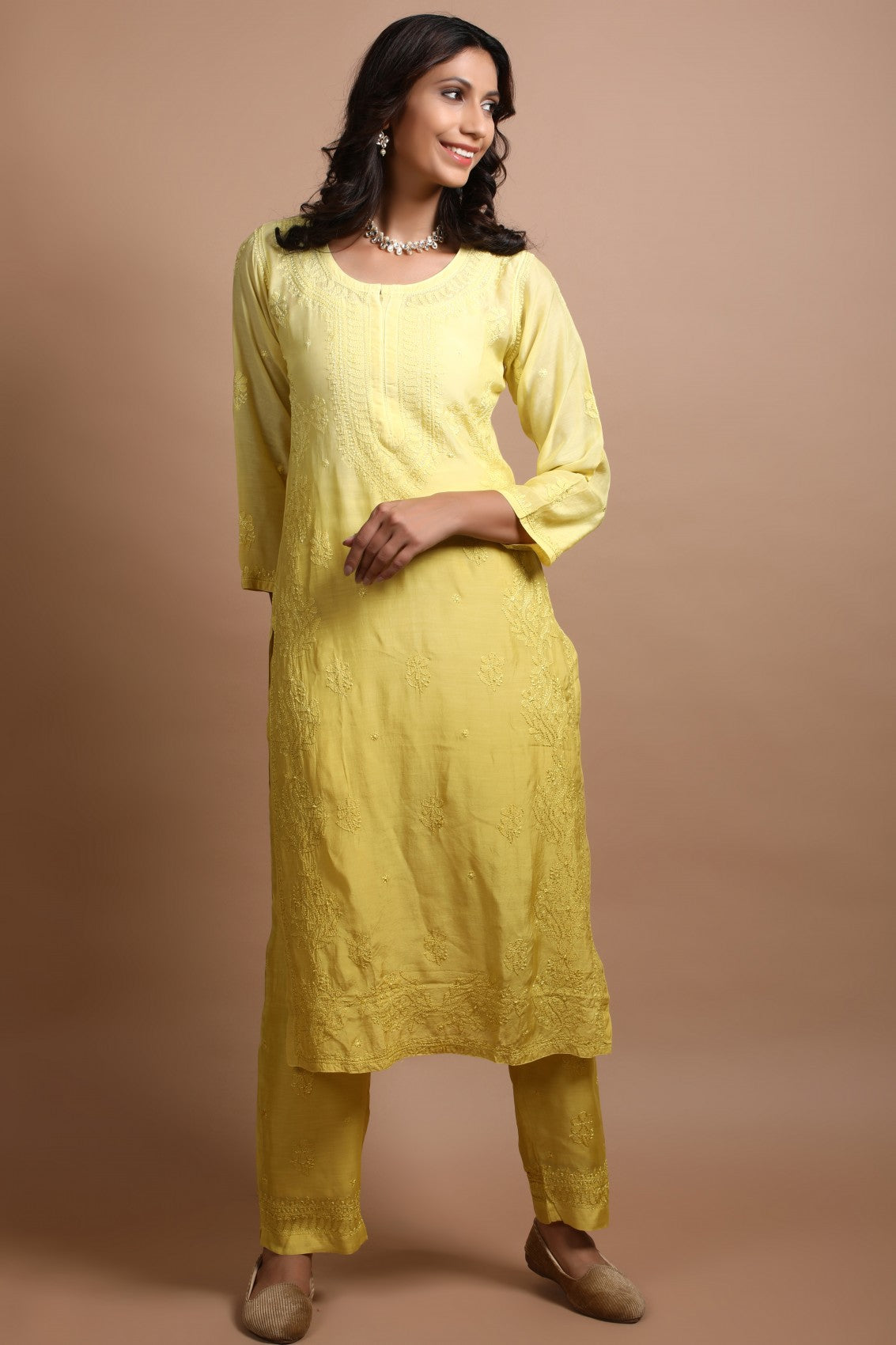 Ada Hand Embroidered Mehendi Green Cotton Lucknowi Chikankari Kurta With Plazzo Set 01A272974
