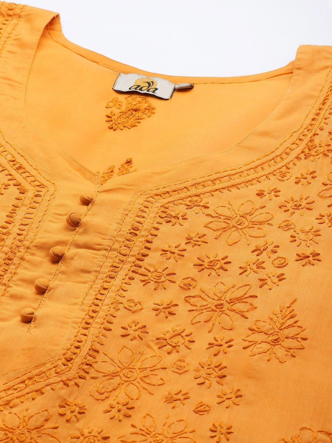 Ada Hand Embroidered Mustard Cotton Lucknowi Chikankari Straight Kurta A100366