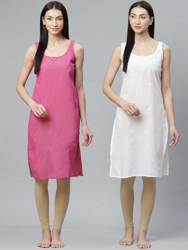 Ada Onion Pink and White Cotton Long Slips Combo of 2 A293031.