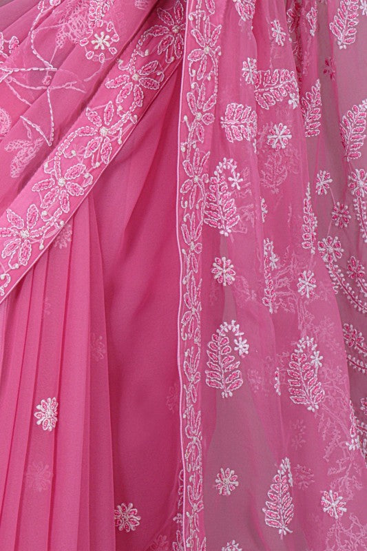 Ada Hand Embroidered Pink Georgette Lucknowi Chikankari Saree/Blouse With Pearl Work A493286