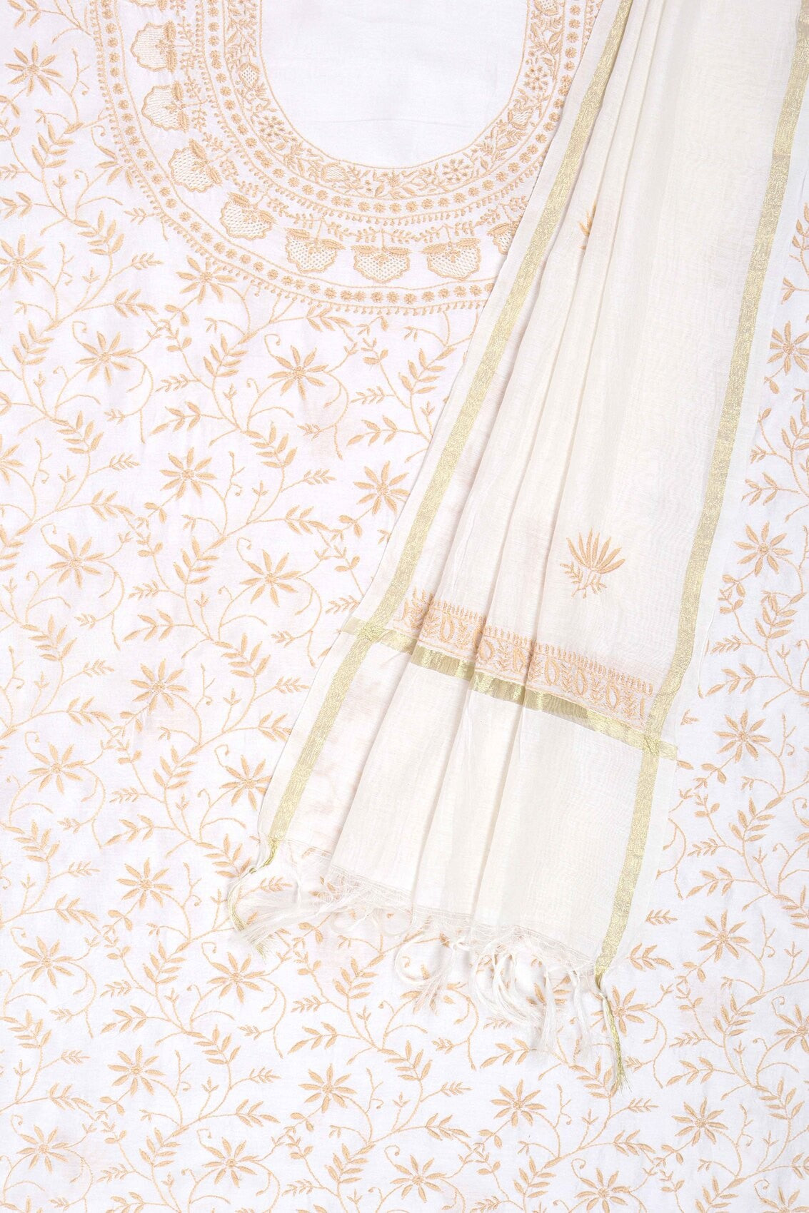 Ada Hand Embroidered Cream Chanderi Lucknowi Chikankari Unstitched Kurta Dupatta Set 01A130056