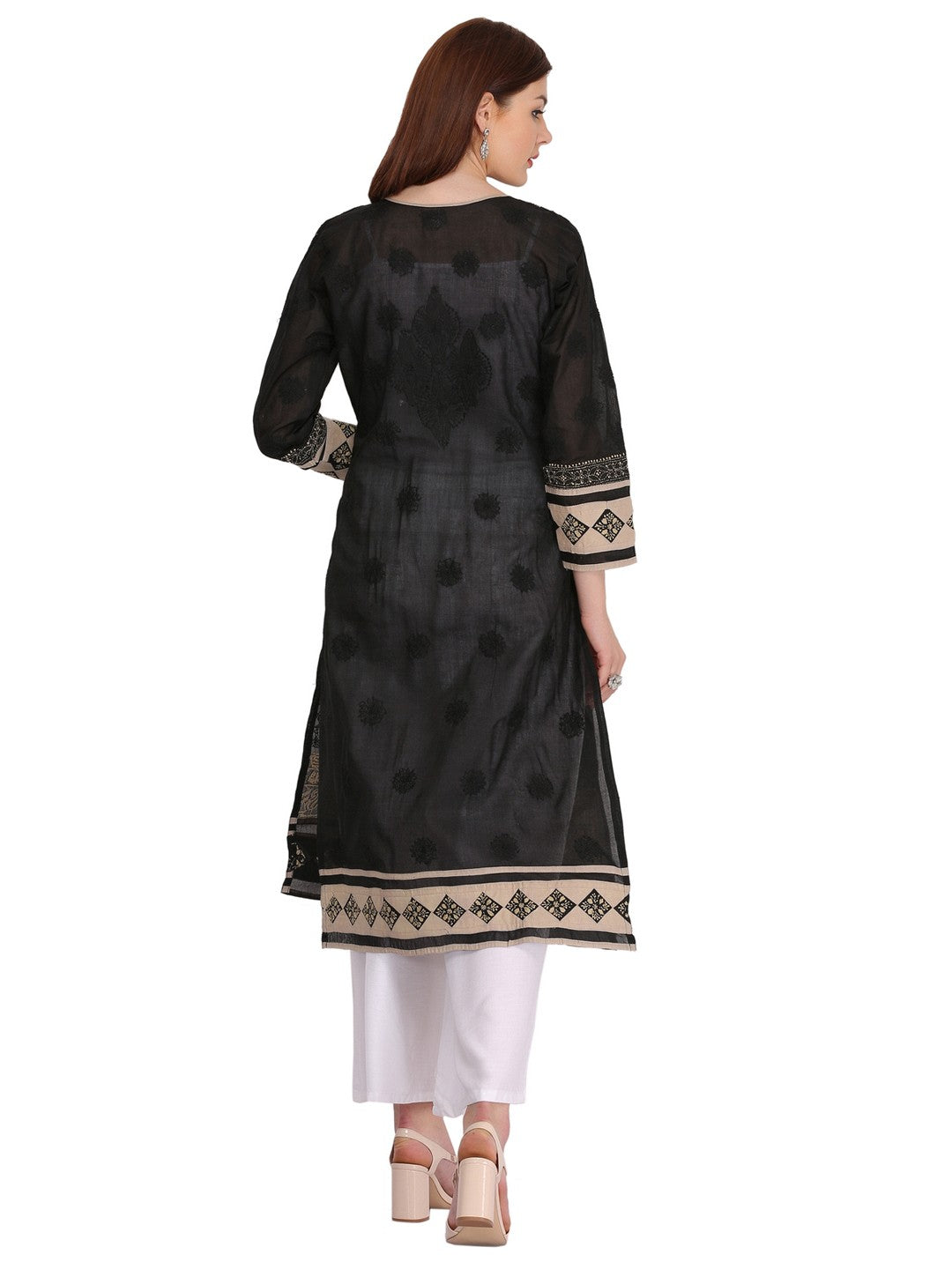 Ada Hand Embroidered Black Cotton Lucknowi Chikankari Straight Kurta- A273556