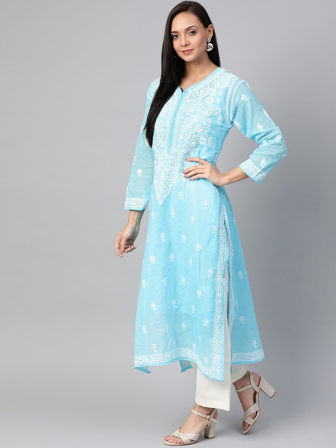 Ada Hand Embroidered Blue Kota Lucknowi Chikankari Straight Kurta With Slip A100534