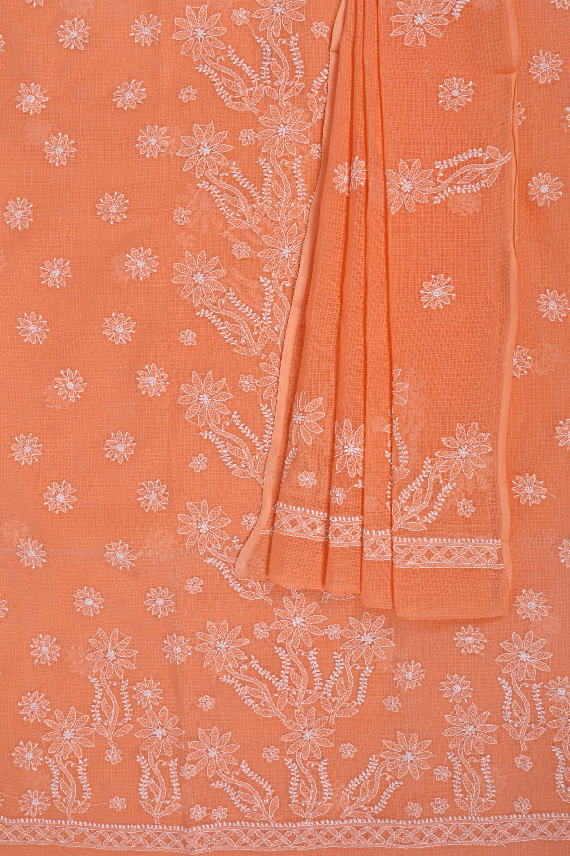 Ada Hand Embroidered Peach Kota Lucknowi Chikan Unstitched Kurta Dupatta Set A596911