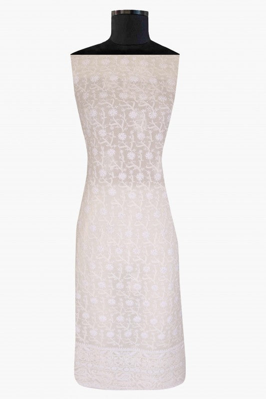 Ada Hand Embroidered Off White Pure Georgette Lucknowi Chikan Unstitched Kurta Piece-A625464