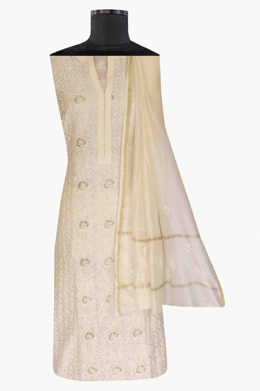 Ada Hand Embroidered Cream Chanderi Lucknowi Chikan Unstitched Kurta Dupatta Set-A595038