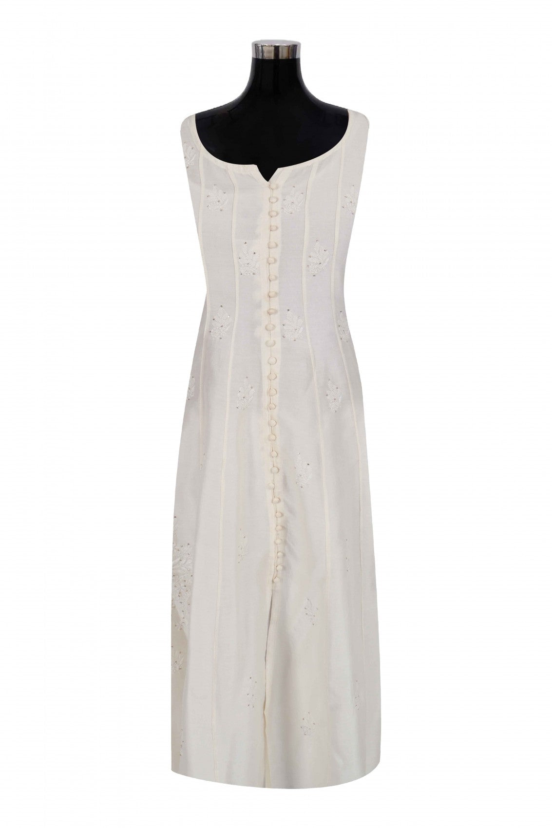 Ada Hand Embroidered Cream Chanderi Lucknowi Chikankari Semi-Stitched Anarkali Kurta Piece With Muqaish Work A623446