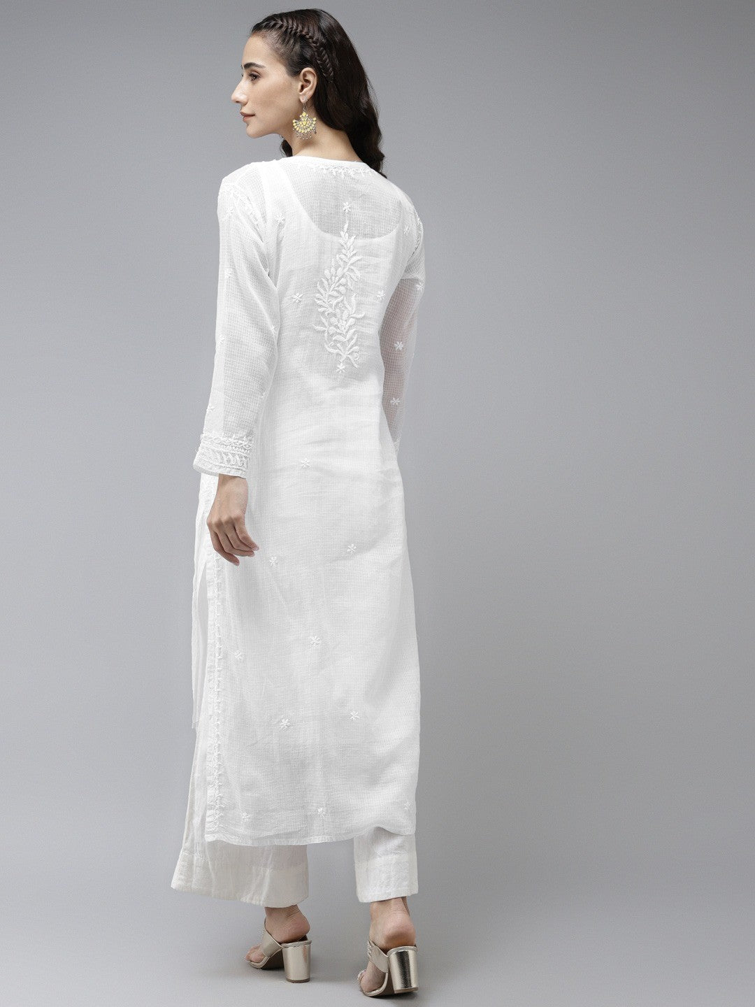 Ada Hand Embroidered White Kota Lucknowi Chikankari Straight Kurta With Slip A411224