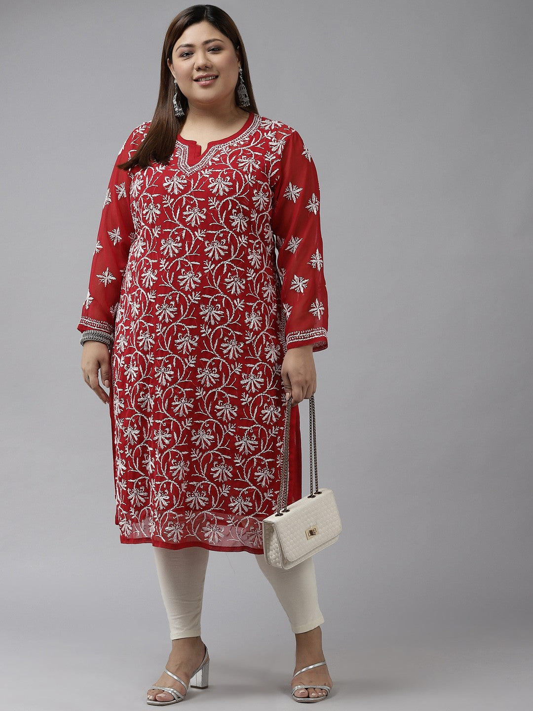 Ada Hand Embroidered Red Georgette Lucknowi Chikankari Straight Kurta with Slip A90361