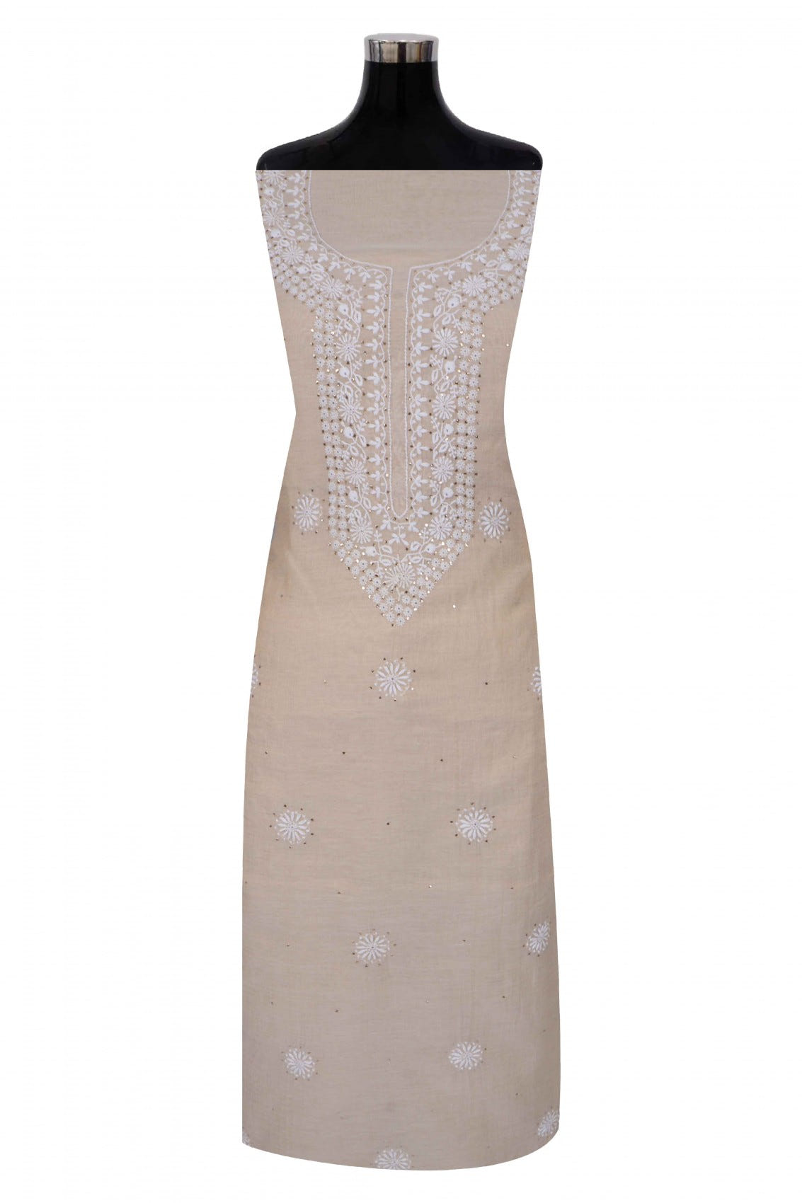 Ada Hand Embroidered Natural Fawn Tissue Lucknowi Chikankari Unstitched Kurta Dupatta Set With Muqaish Work 01A196056